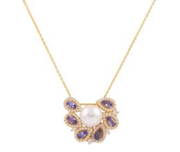 COLGANTE Y CADENA EN PLATA 925 CHAPADA EN ORO, PERLA, TANZANITAS Y PIEDRAS BLANCAS