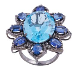 SORTIJA EN PLATA 925, TOPACIO, CIANITAS Y DIAMANTES