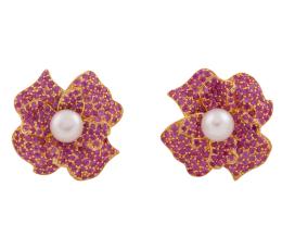 PENDIENTES EN ORO 9KT, RUBÍES Y PERLAS