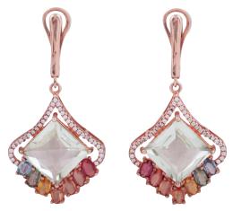 PENDIENTES EN PLATA 925 CHAPADA EN ORO ROSA, PRASIOLITAS, ZAFIROS FANCY Y TOPACIOS BLANCOS