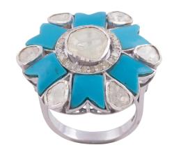 SORTIJA EN PLATA 925, TURQUESAS Y DIAMANTES