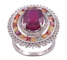 SORTIJA EN PLATA 925, RUBÍ, ZAFIROS FANCY Y DIAMANTES