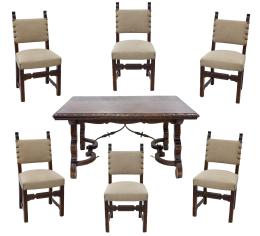 CONJUNTO DE MESA Y 6 SILLAS DE COMEDOR, ESTILO CASTELLANO