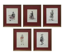 CONJUNTO DE 5 ACUARELAS DE PERSONAJES DECIMONÓNICOS