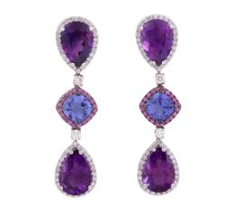 PENDIENTES EN ORO 18KT, AMATISTAS, TANZANITAS, DIAMANTES Y ZAFIROS ROSAS