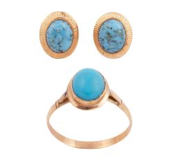 CONJUNTO DE PENDIENTES Y SORTIJA EN ORO 16KT Y TURQUESAS