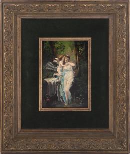 ÓLEO SOBRE PEQUEÑA TABLA ATRIBUÍDA A ADOLPHE JOURDAN (Nimes, 1825-1889)EL BESO DEL ÁNGEL (SEGUNDA MITAD S. XIX)