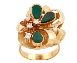 SORTIJA EN ORO 18KT, MALAQUITA Y DIAMANTES