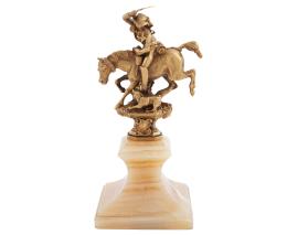 FIGURA "LA CAZA" REPRESENTANDO UN CABALLERO Y UN PERRO DE CAZA EN BRONCE CON BAÑO DE ORO 24KT