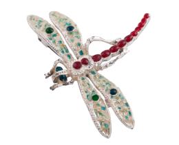 BROCHE LIBÉLULA EN PLATA DE LEY, RUBÍES Y ESMERALDAS