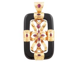 COLGANTE EN ORO 18KT, RUBÍES, BRILLANTE Y ÓNIX