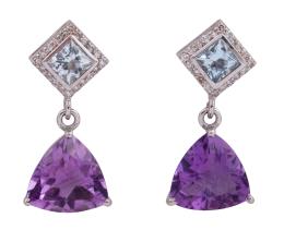 PENDIENTES EN ORO 9KT, AMATISTAS, AGUAMARINAS Y DIAMANTES