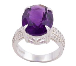 SORTIJA EN PLATA DE LEY, AMATISTA Y DIAMANTES