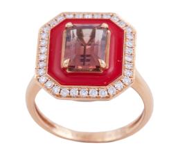 SORTIJA EN ORO DE 18KT CON UNA TURMALINA, ESMALTE Y DIAMANTES