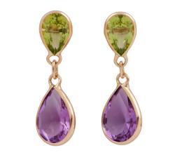 PENDIENTES EN ORO 18KT CON AMATISTAS Y PERIDOTOS