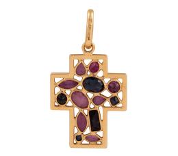 COLGANTE EN FORMA DE CRUZ EN ORO MACIZO DE 18KT, ZAFIROS Y RUBIES