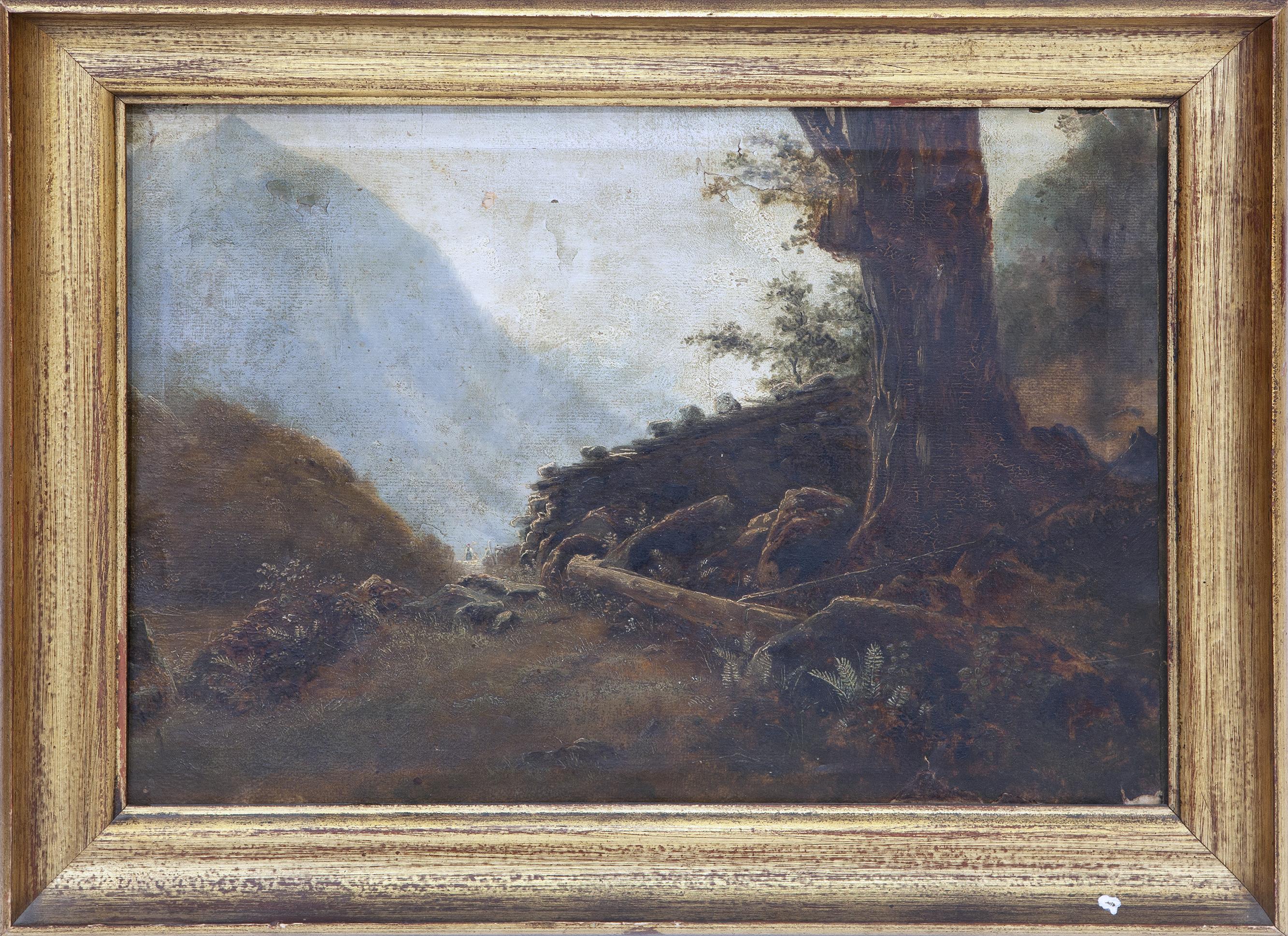 PAISAJE CON ÁRBOL Y MONTAÑA GRIS AL FONDO