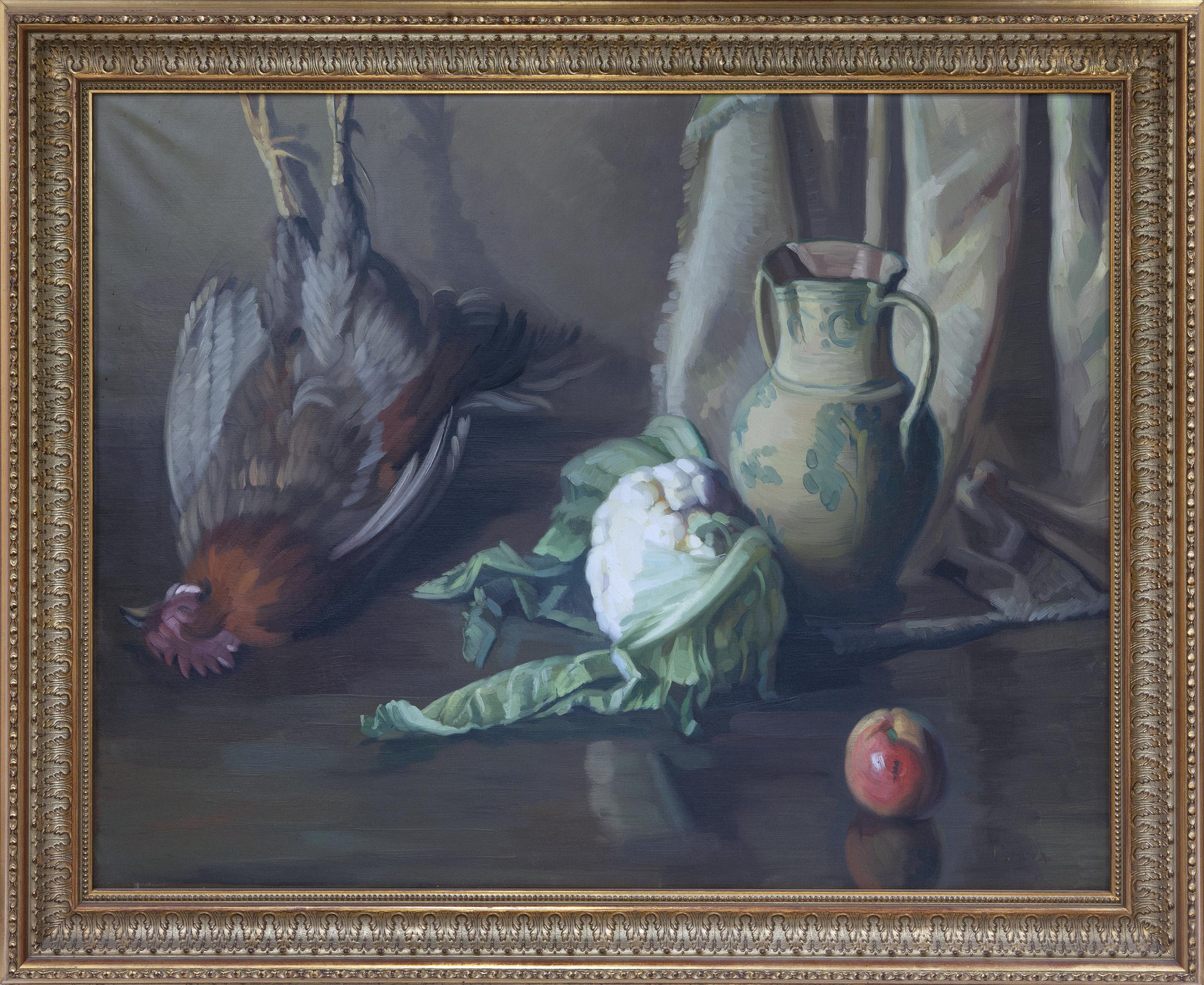 BODEGÓN CON VERDURAS, JARRÓN Y GALLO, S.XX