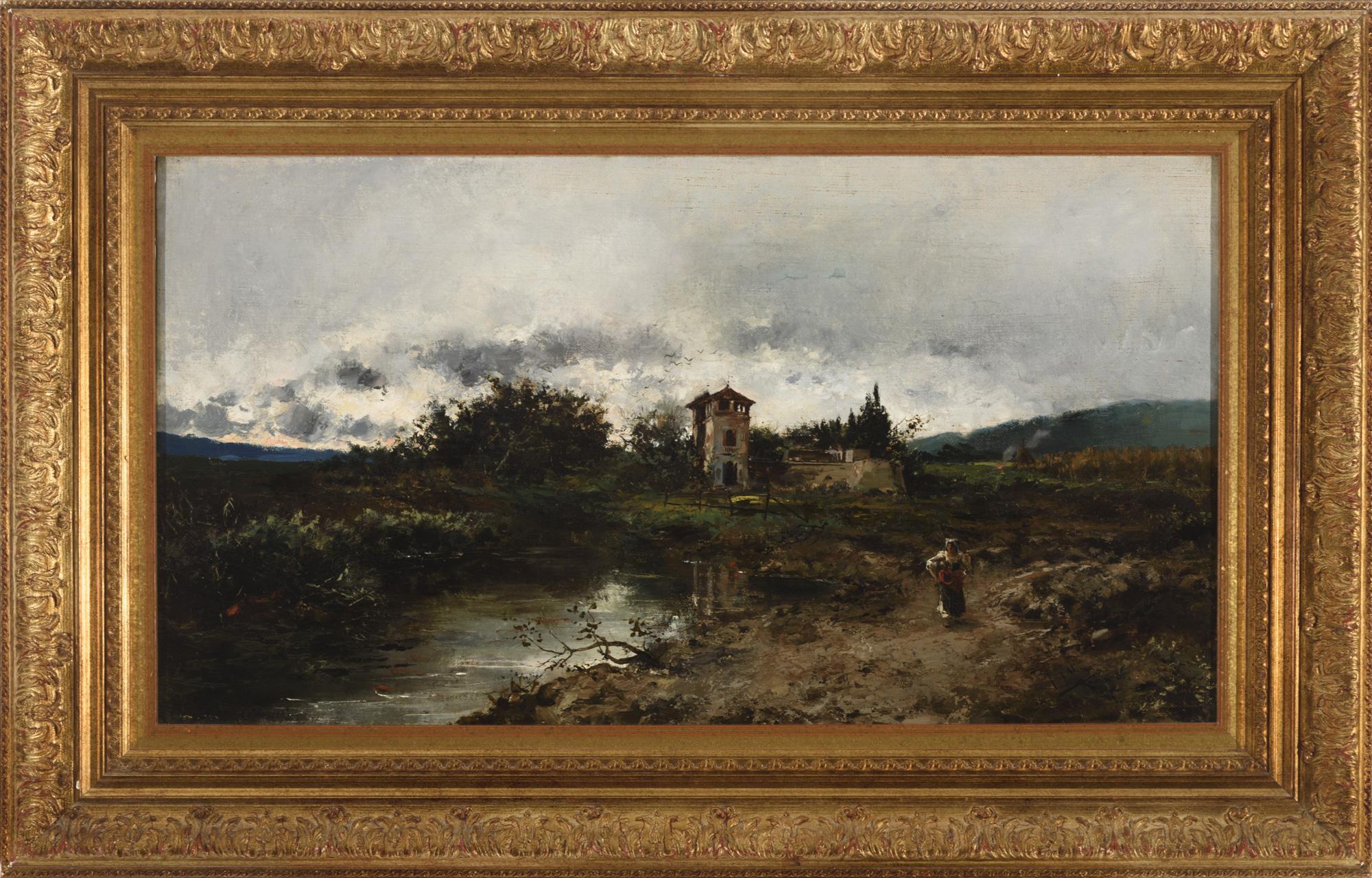 Paisaje con río, casa y campesina, 1886