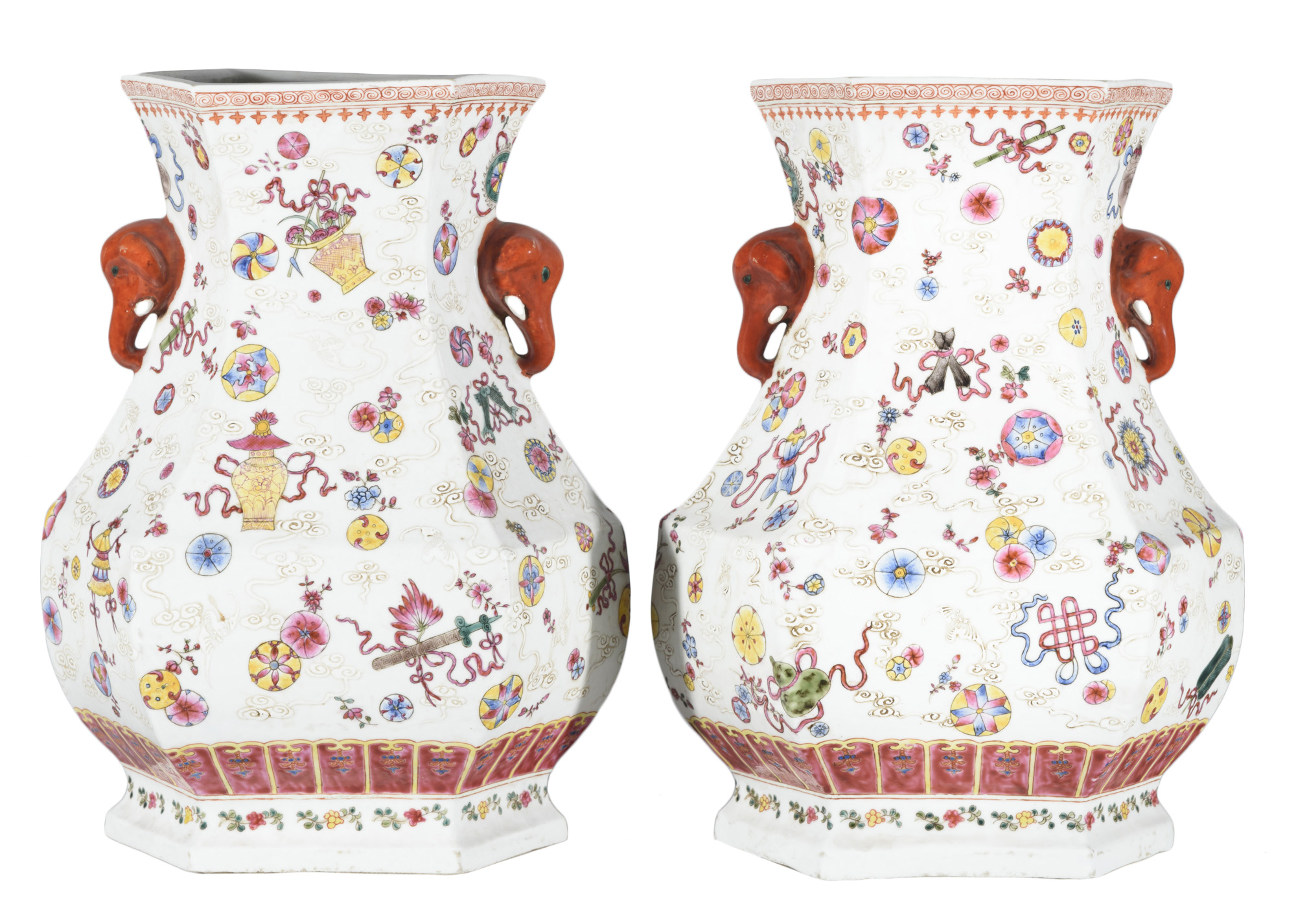 JARRONES DE PORCELANA ESMALTADA FAMILIA ROSA, CHINA, SIGLO 