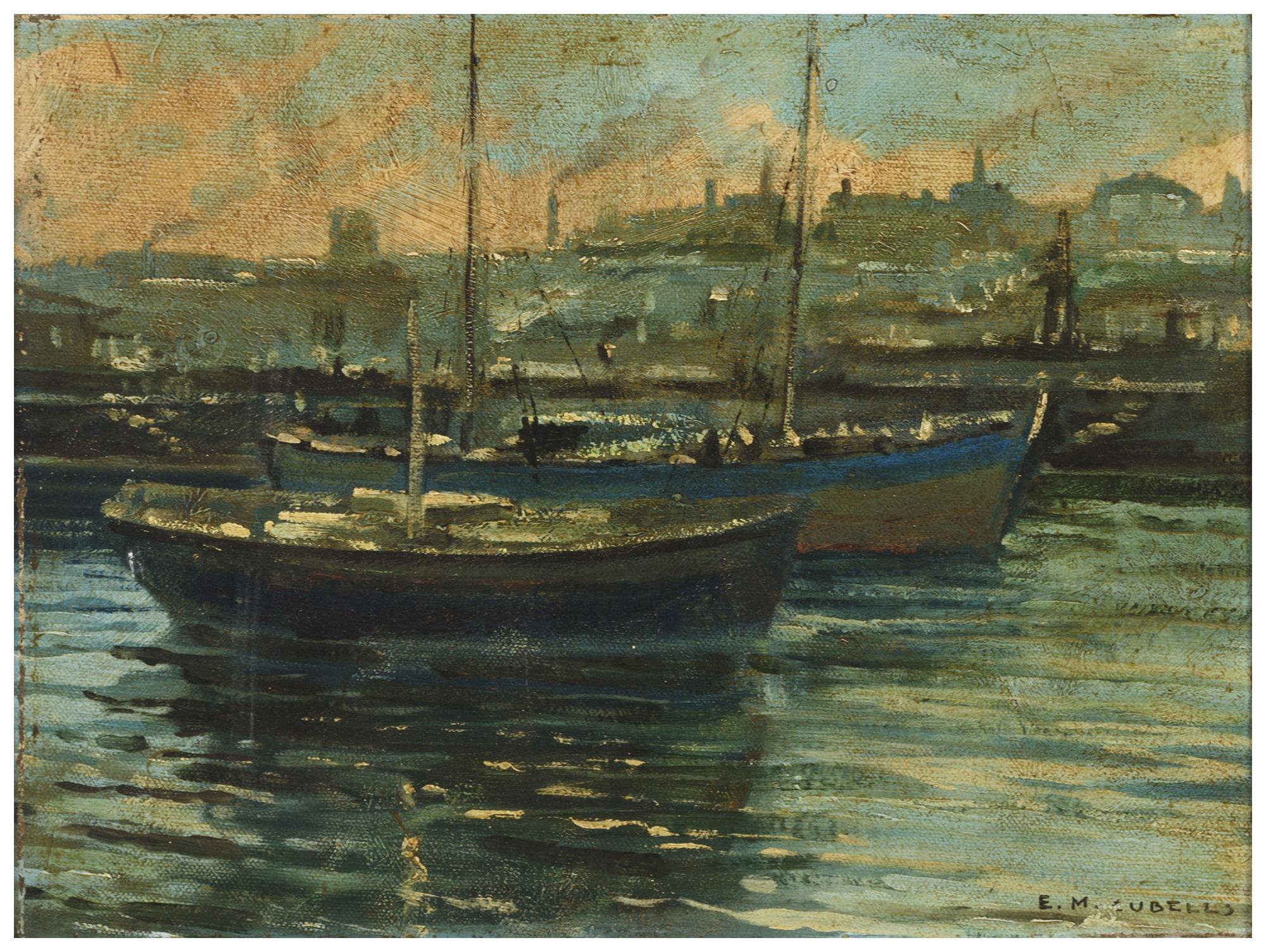 LA BARCA Y VISTA DEL PUERTO, PAREJA DE ÓLEOS FIRMADOS CUBEL