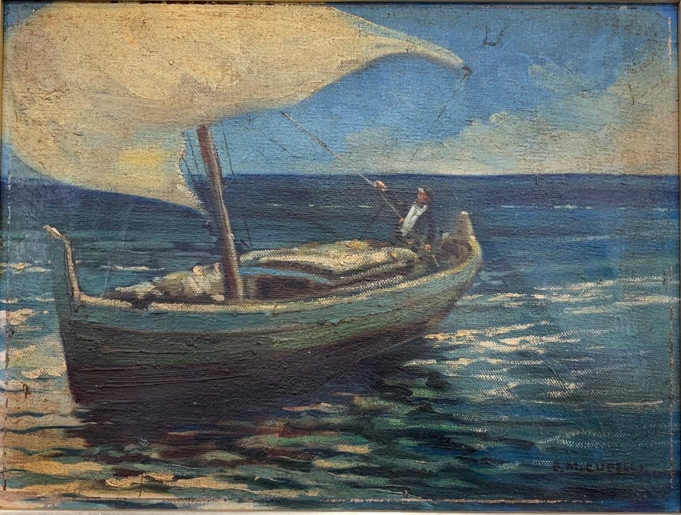 LA BARCA Y VISTA DEL PUERTO, PAREJA DE ÓLEOS FIRMADOS CUBEL
