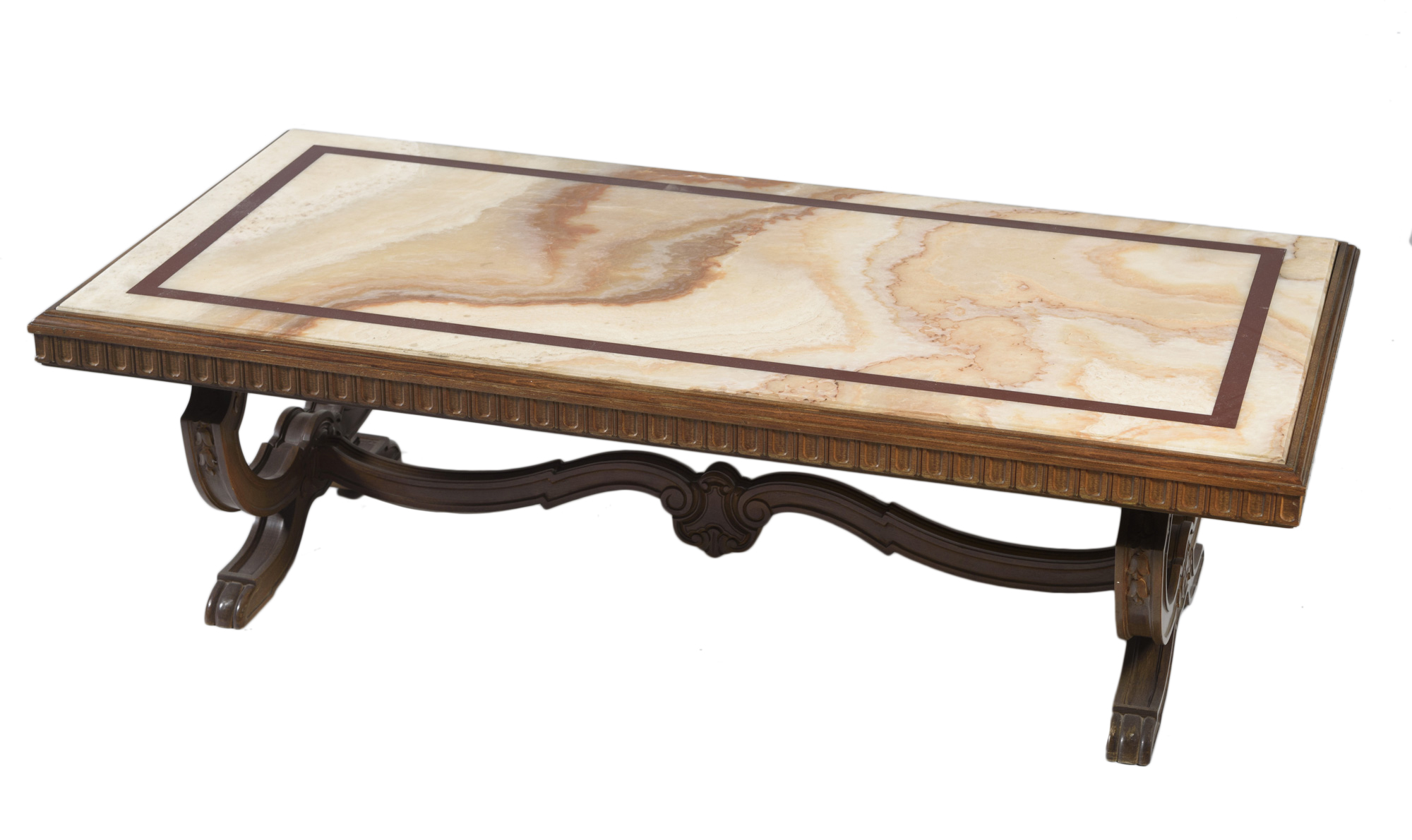 MESA DE CAFÉ DE HAYA TALLADA CON TAPA DE ÓNICE, MED. S.XX