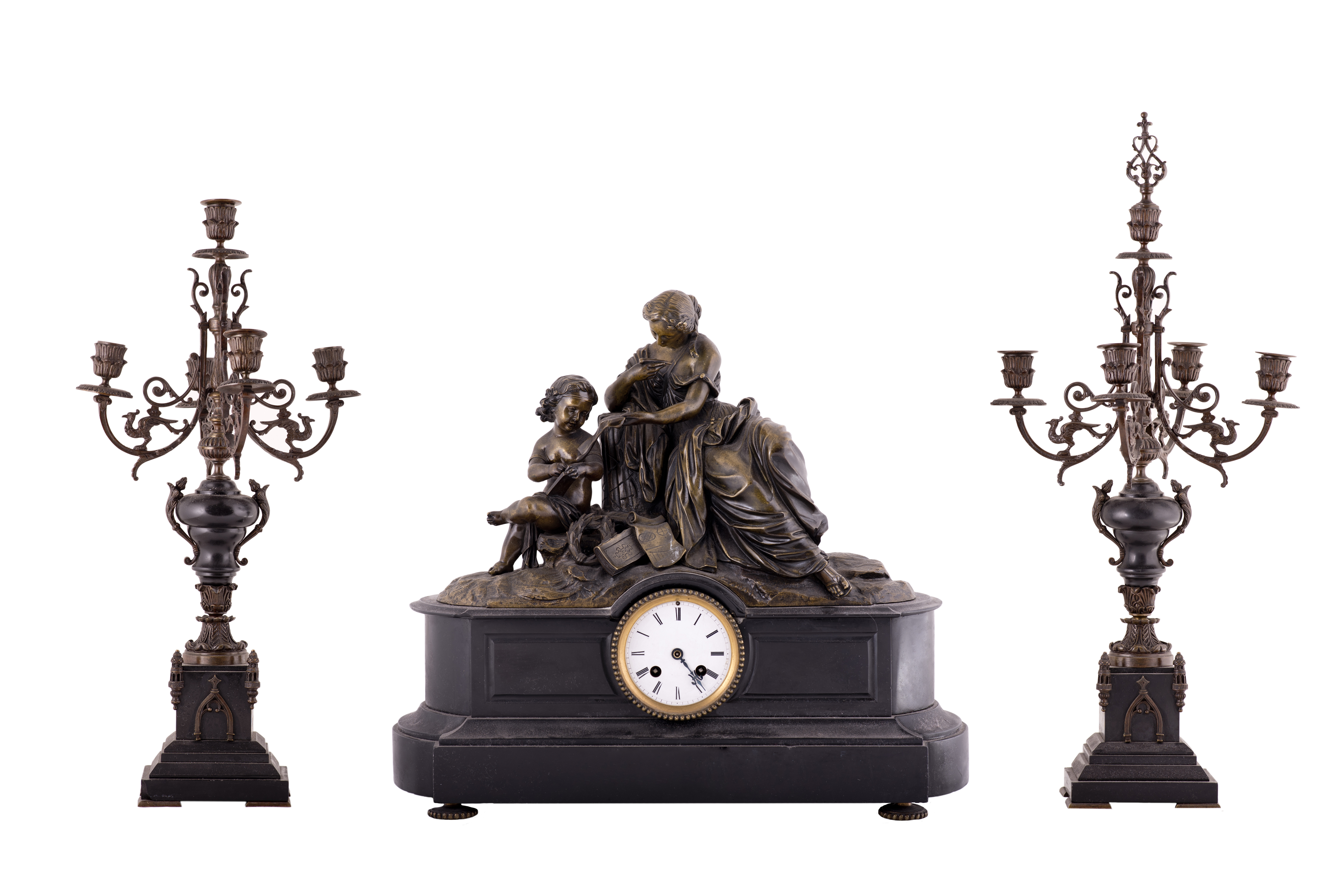 GUARNICIÓN DE RELOJ Y CANDELABROS ASOCIADOS, FRANCIA, S.XIX