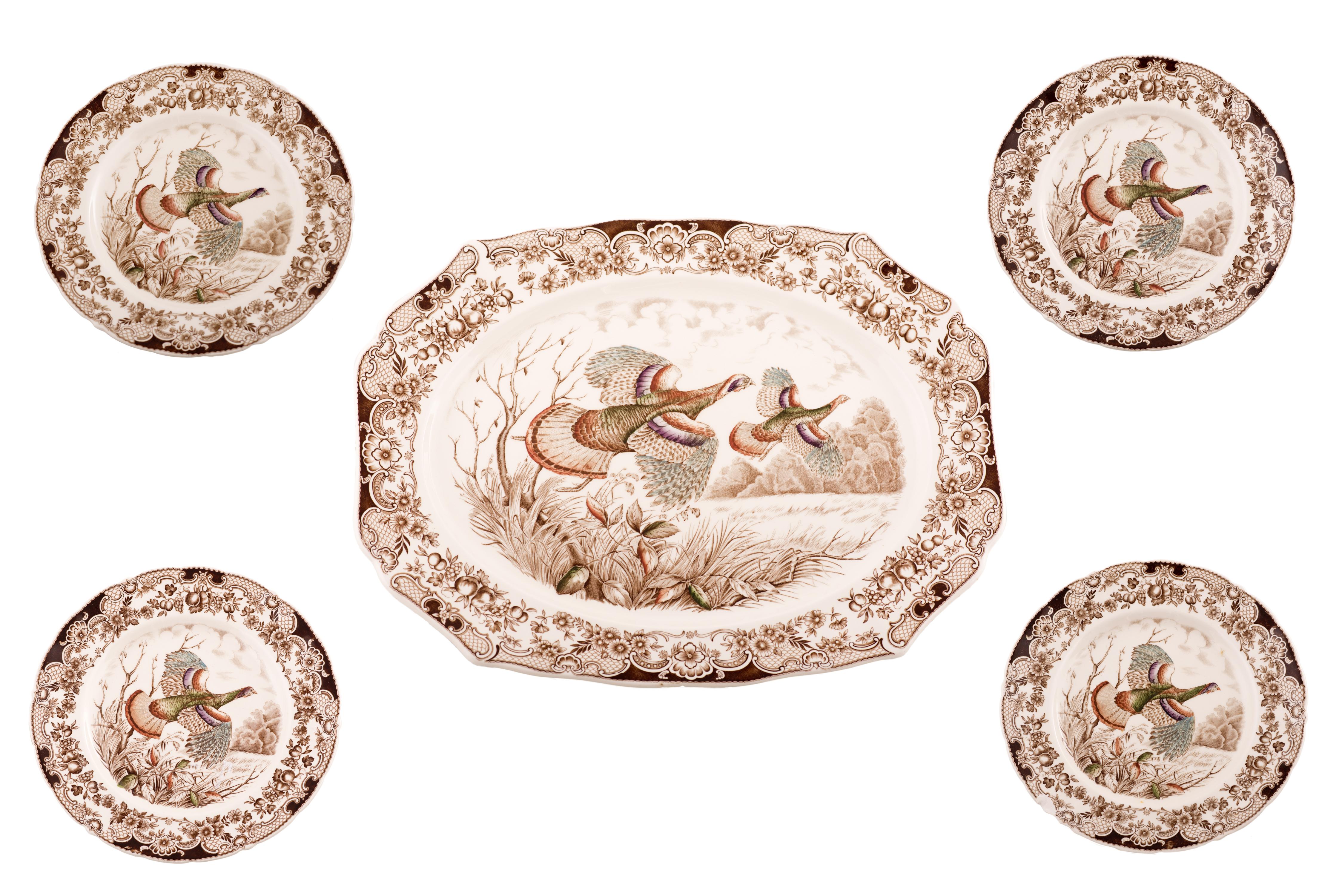 FUENTE Y CUATRO PLATOS DE LOZA INGLESA CON DECORACIÓN ESTAM