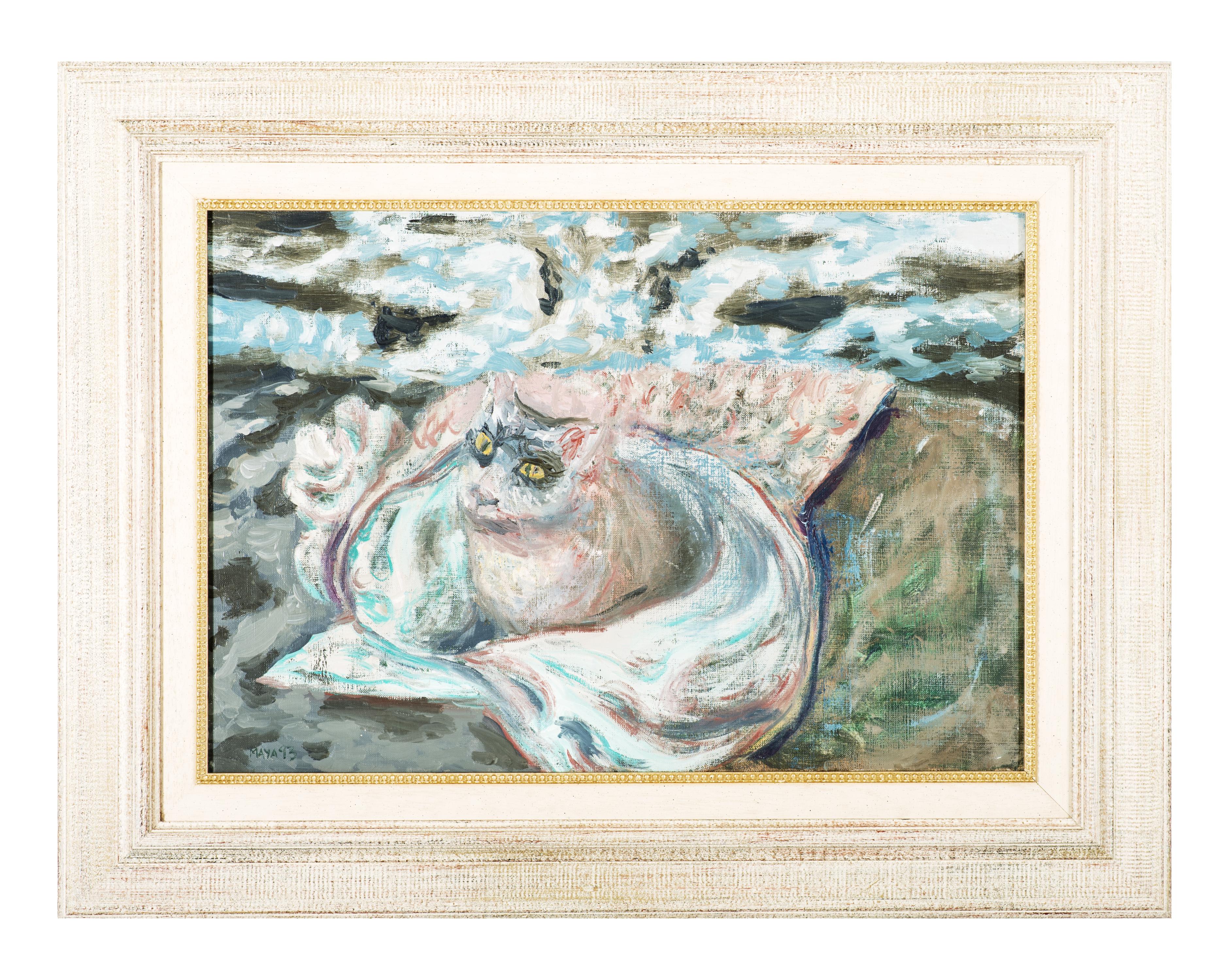 GATO RECOSTADO, OLEO FIRMADO MAYA, 1993
