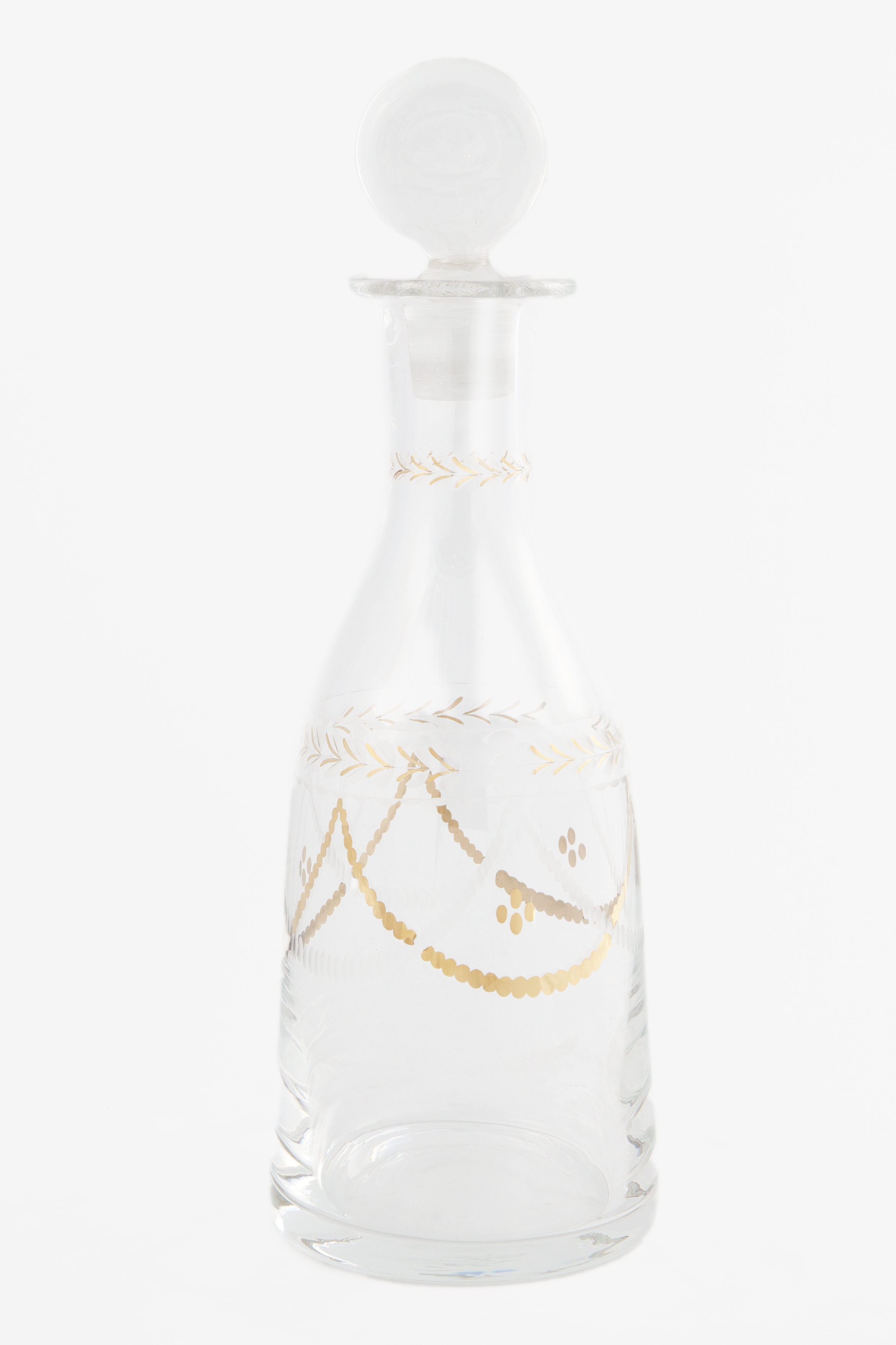 LICORERA DE CRISTAL SOPLADO, GRABADO Y DORADO, LA GRANJA, E
