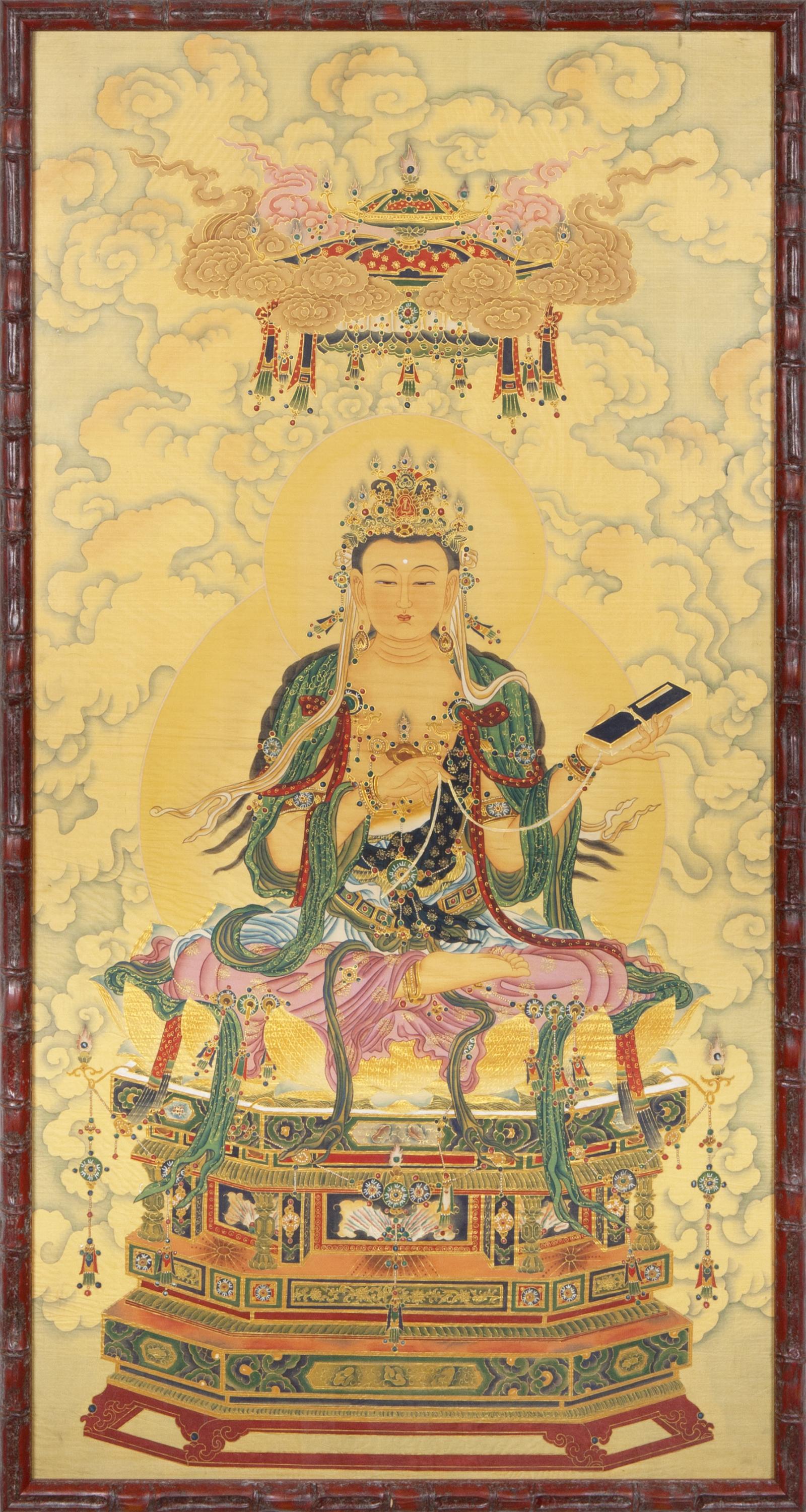 THANGKA DE SEDA PINTADA REPRESENTANDO A BUDA SENTADO EN UN 