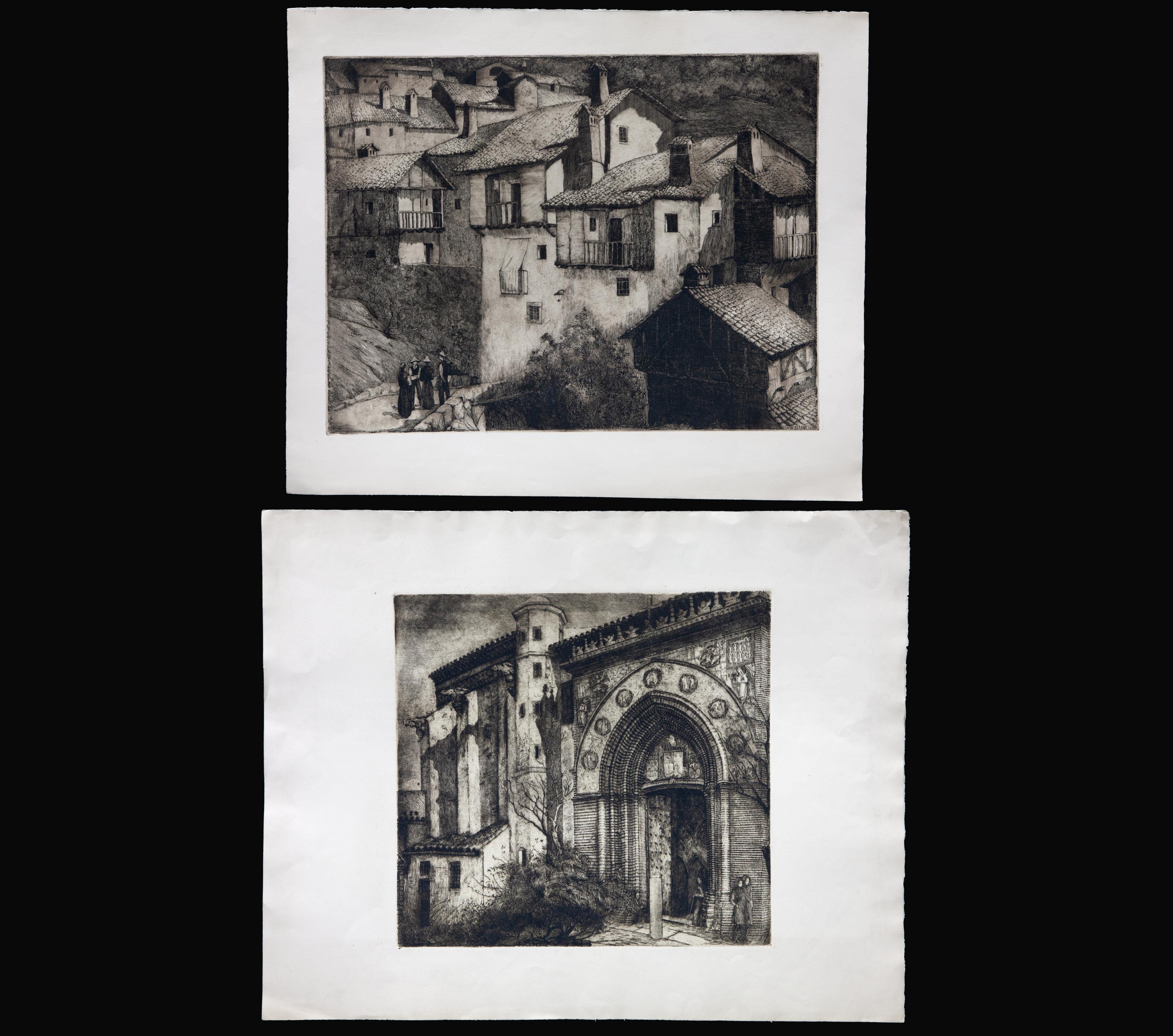 PAREJA DE GRABADOS, PAISAJE RURAL Y PÓRTICO.