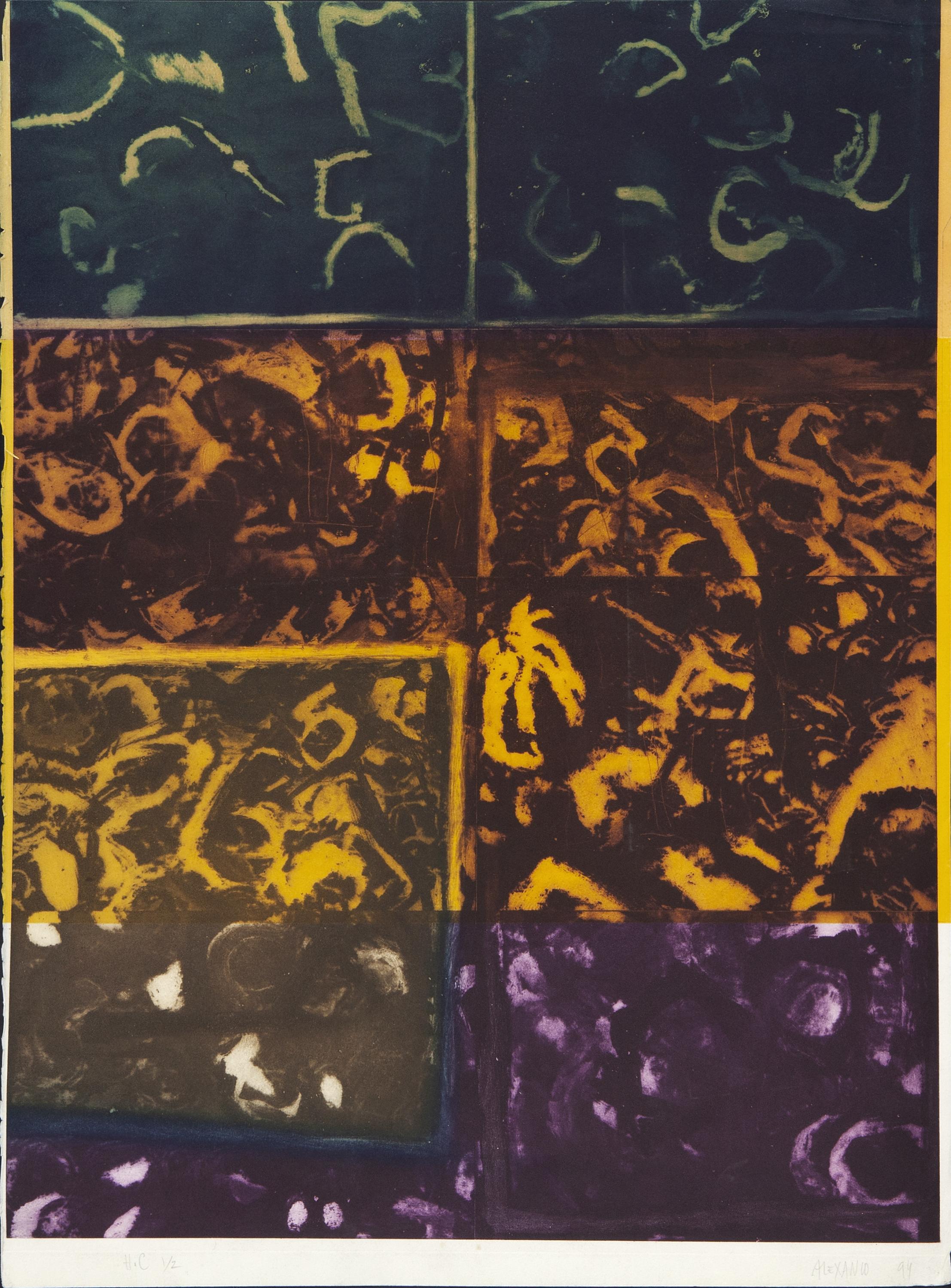 LITOGRAFÍA ABSTRACTA CON MANCHAS DE DISTINTOS TONOS.