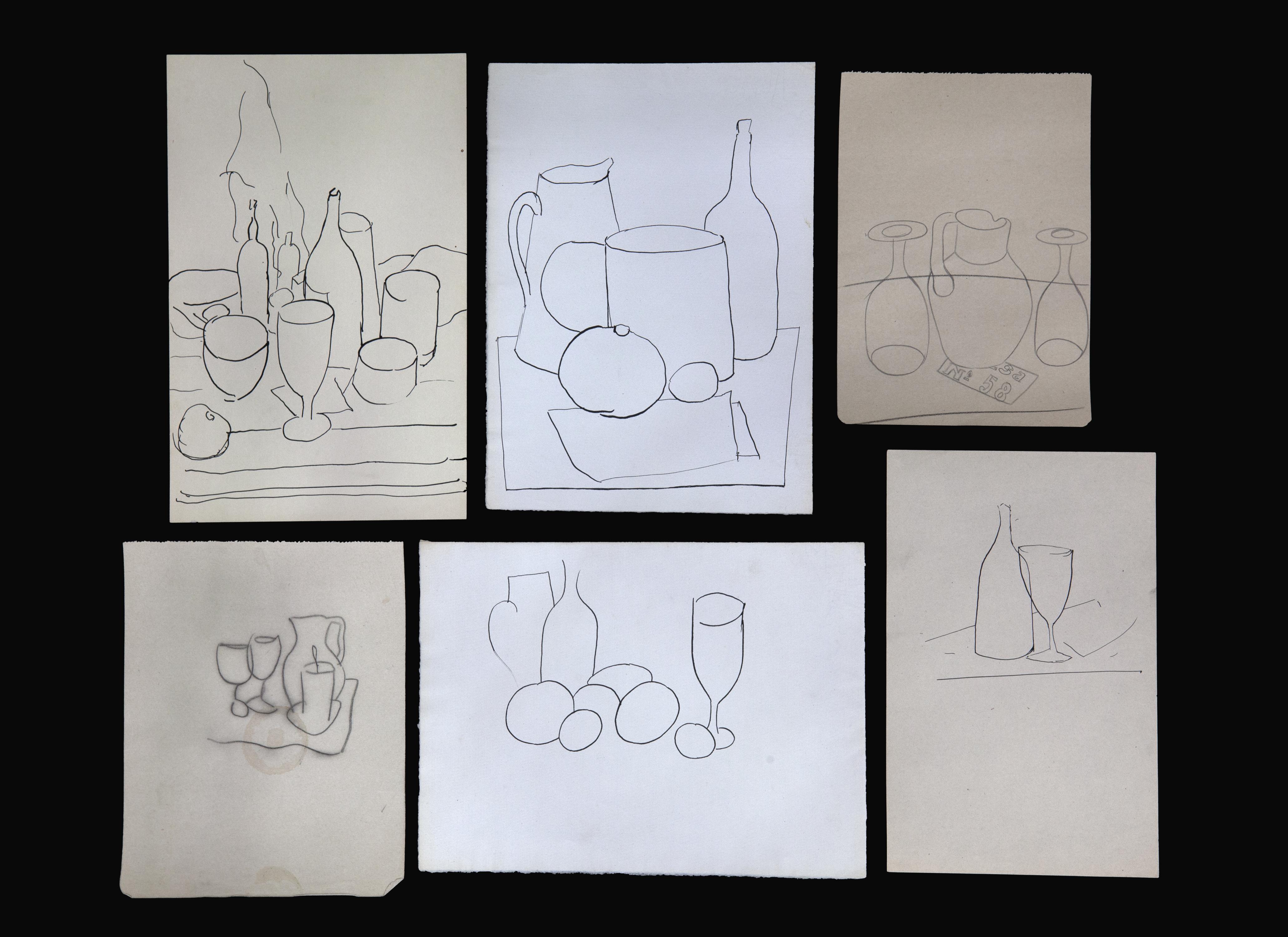 CONJUNTO DE 6 DIBUJOS A TINTA Y LÁPIZ SOBRE PAPEL DE BODEGO