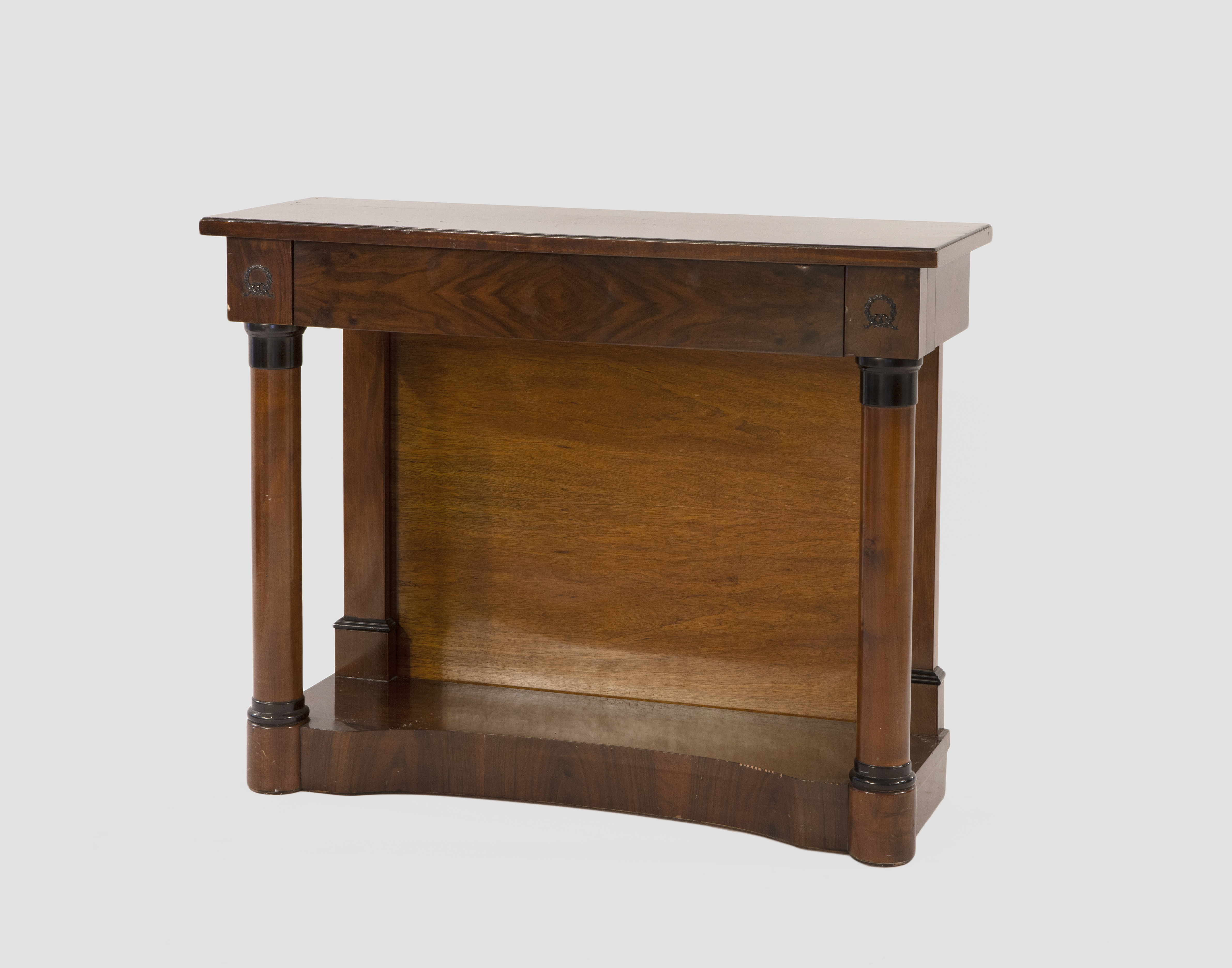 CONSOLA DE CAOBA ESTILO IMPERIO CON COLUMNAS Y CAJÓN EN CIN