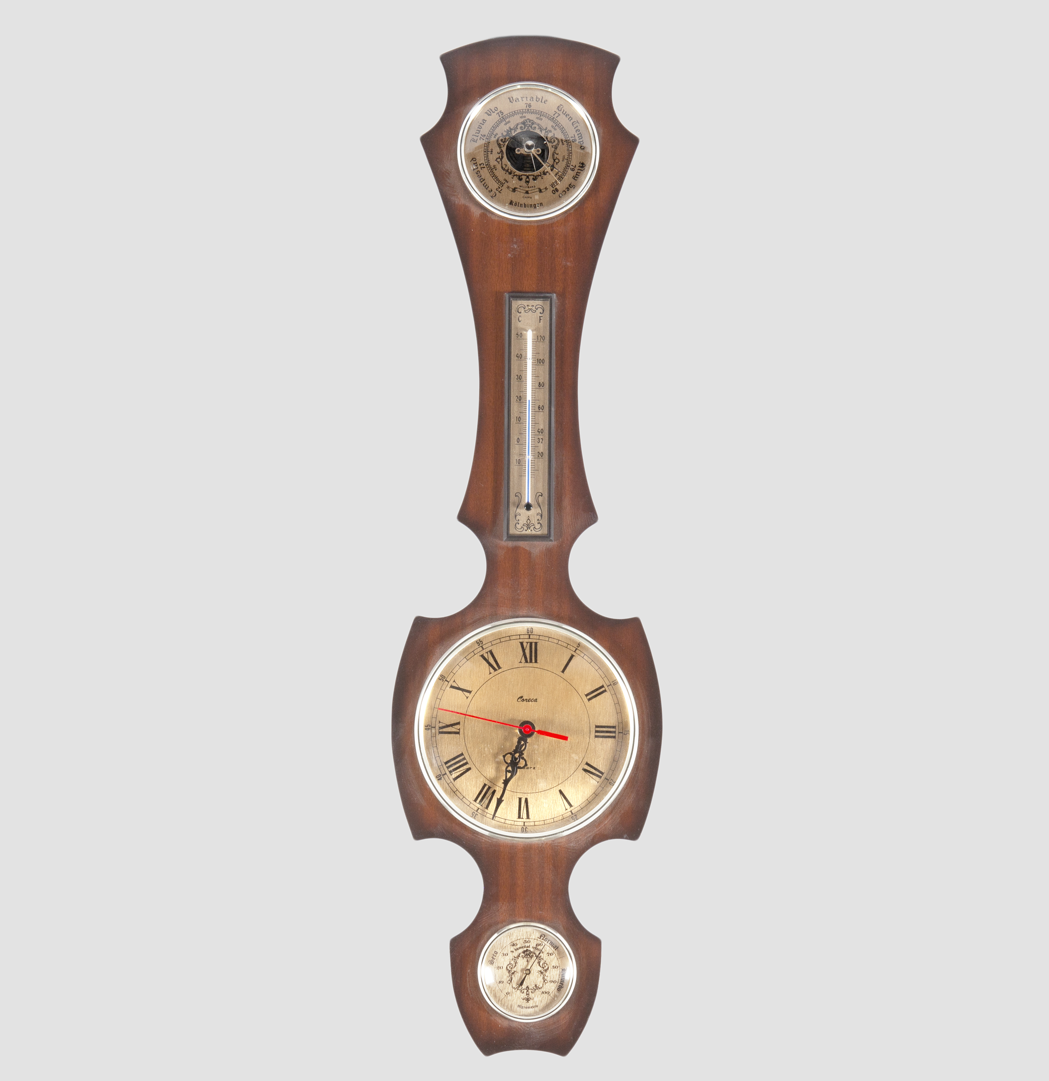 RELOJ BARÓMETRO DE MADERA MARCA CORECA S.XX