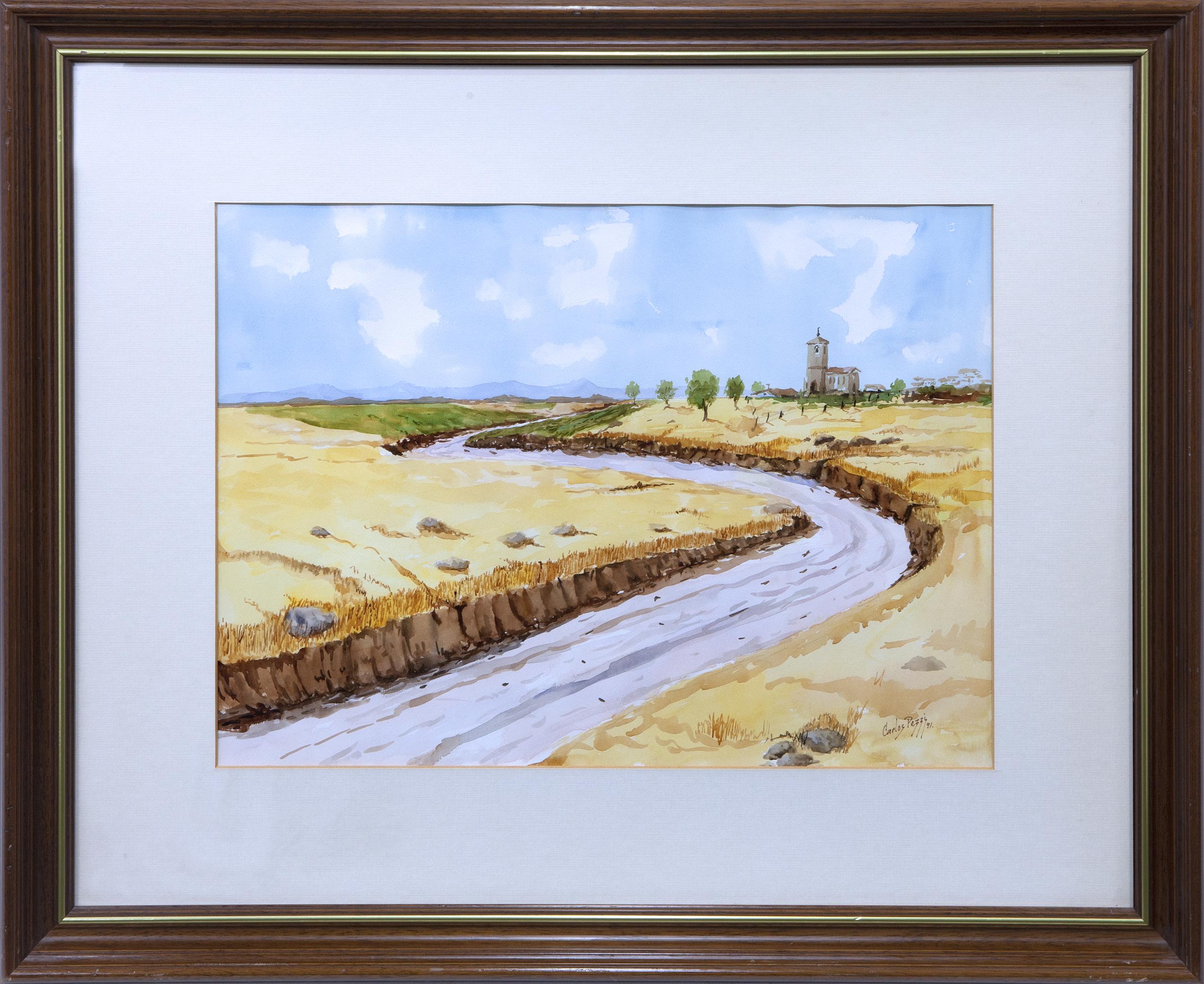 CAMINO CON CAMPOS DE TRIGO E IGLESIA AL FONDO, 1991