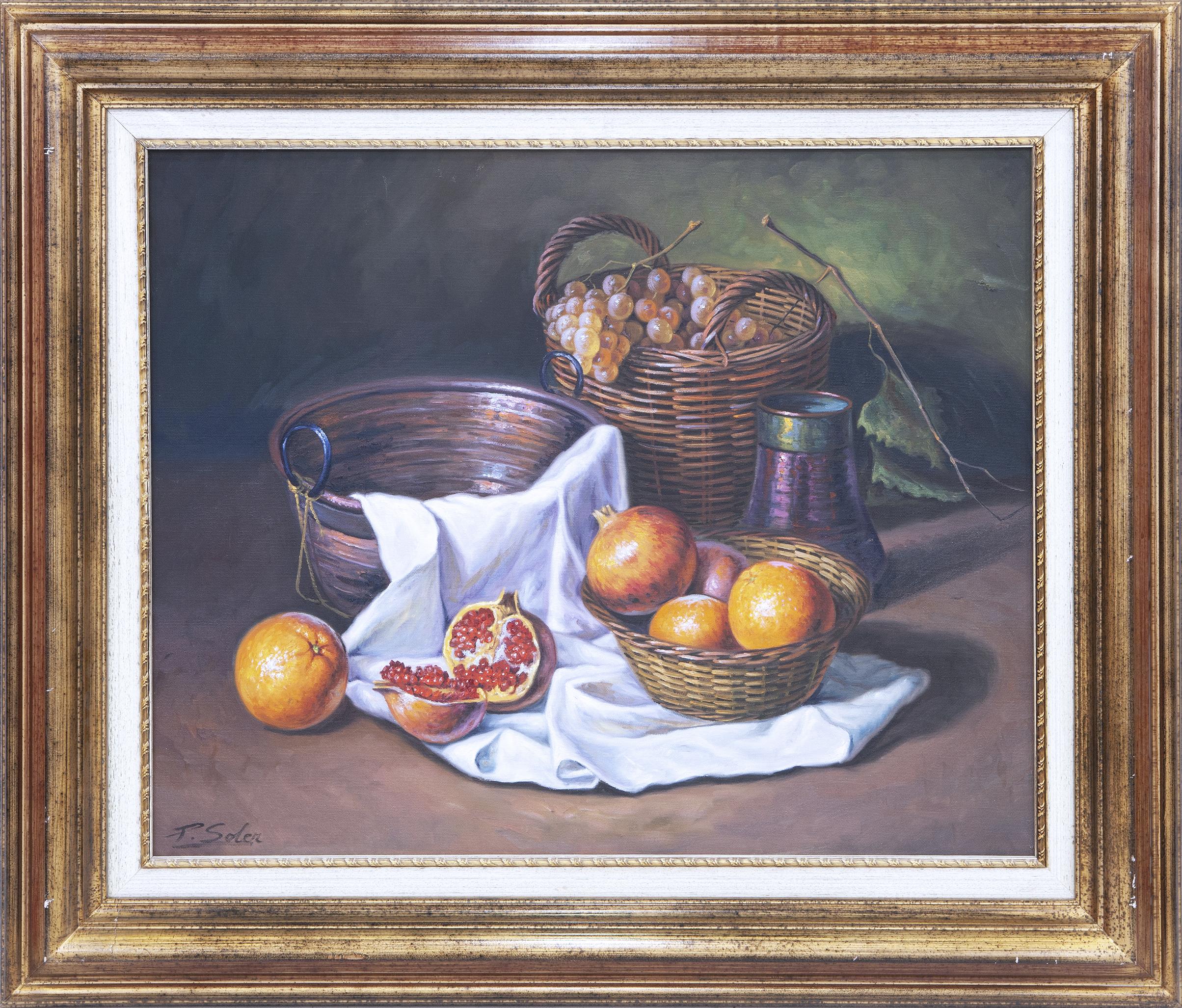 BODEGÓN CON CESTO, UVAS Y GRANADAS 