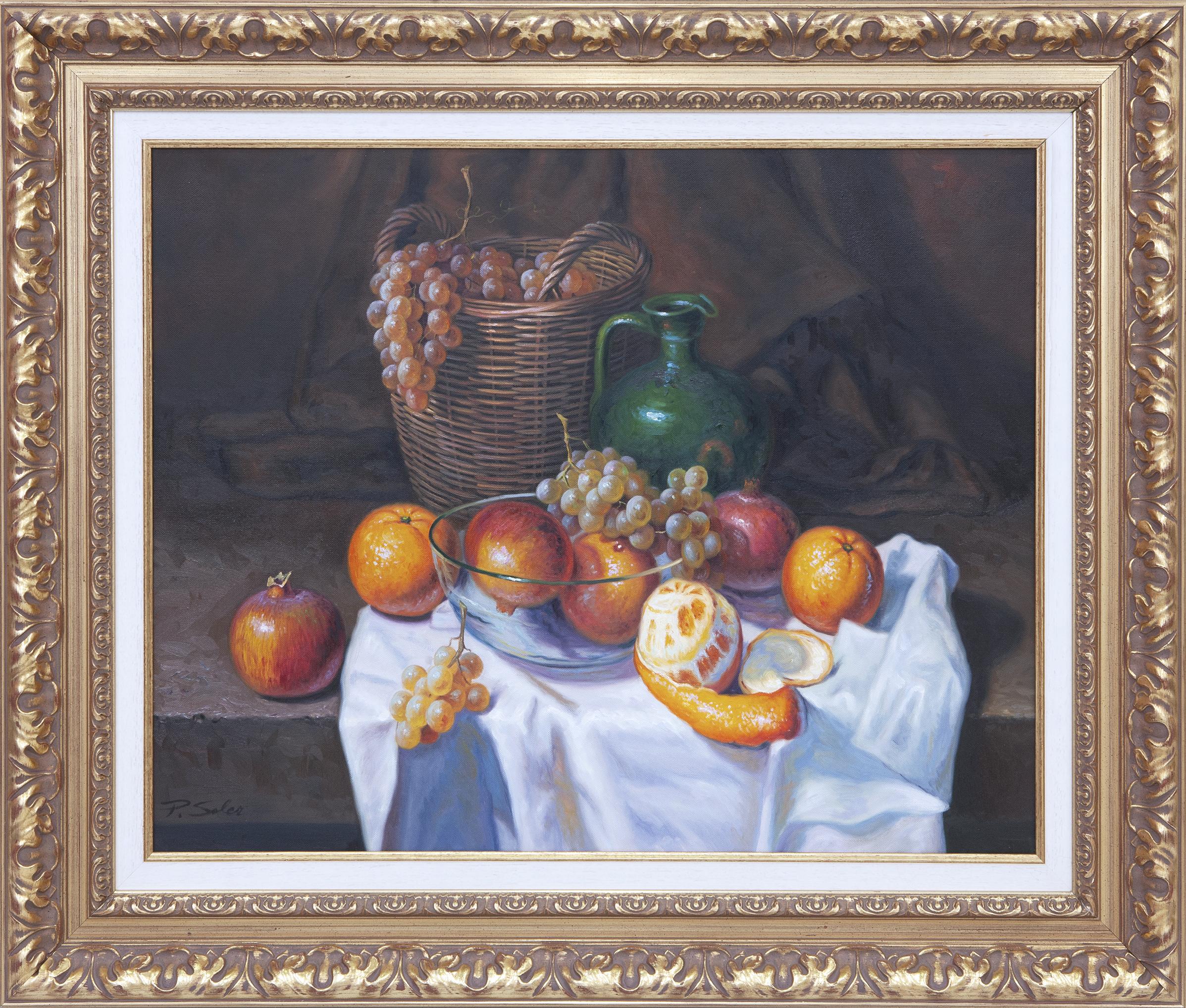 BODEGÓN CON CESTO. UVAS Y NARANJAS