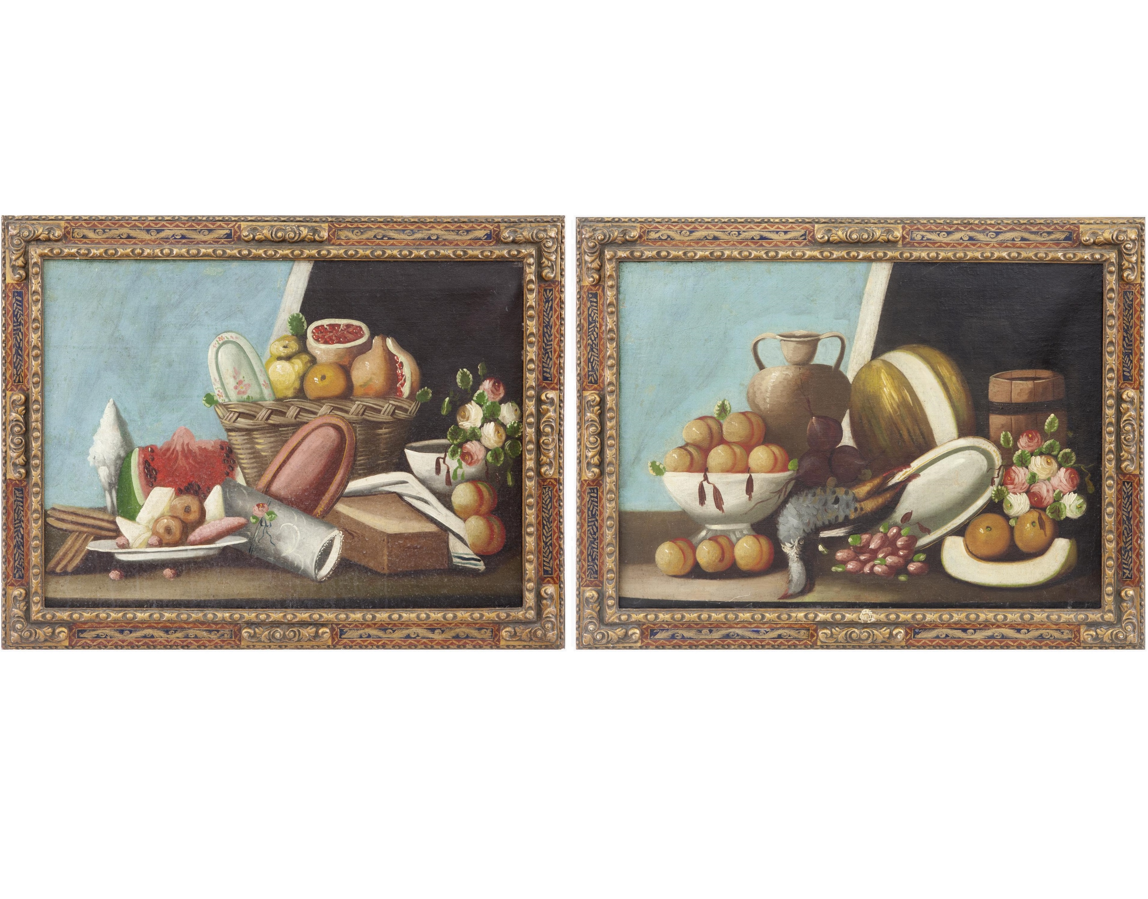 PAREJA DE BODEGONES DE FRUTAS Y FLORES