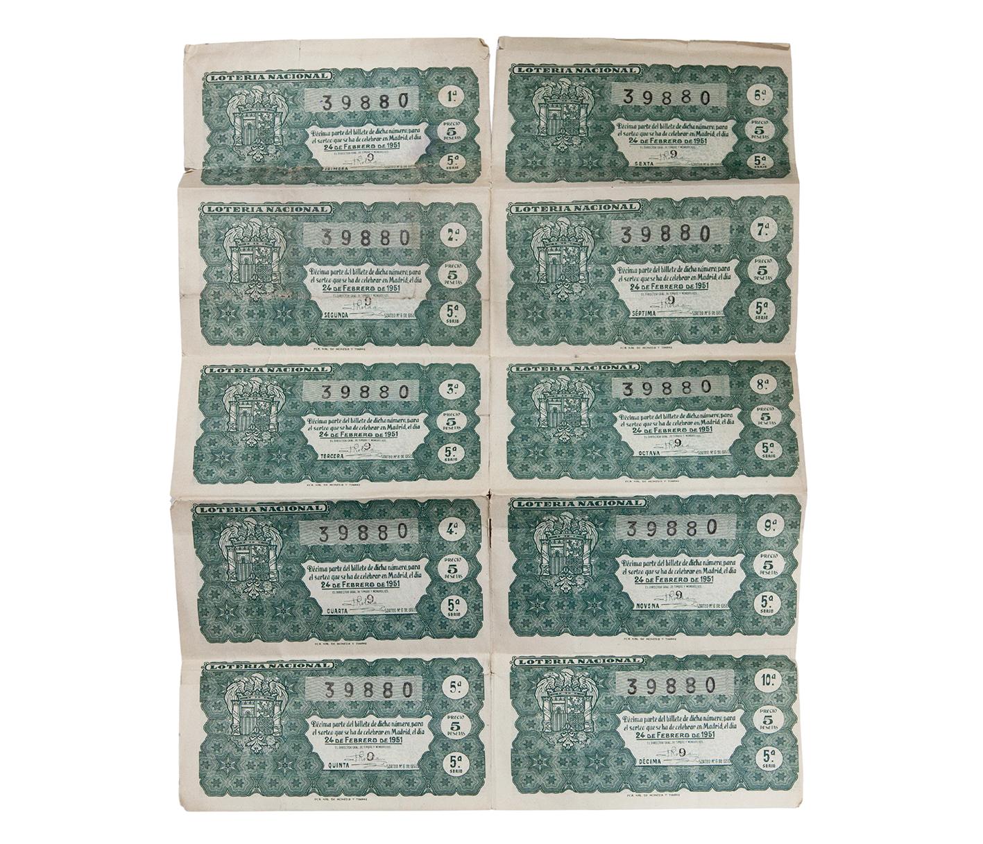 BILLETE DE 10 DÉCIMOS DE LOTERÍA NACIONAL DE 1951
