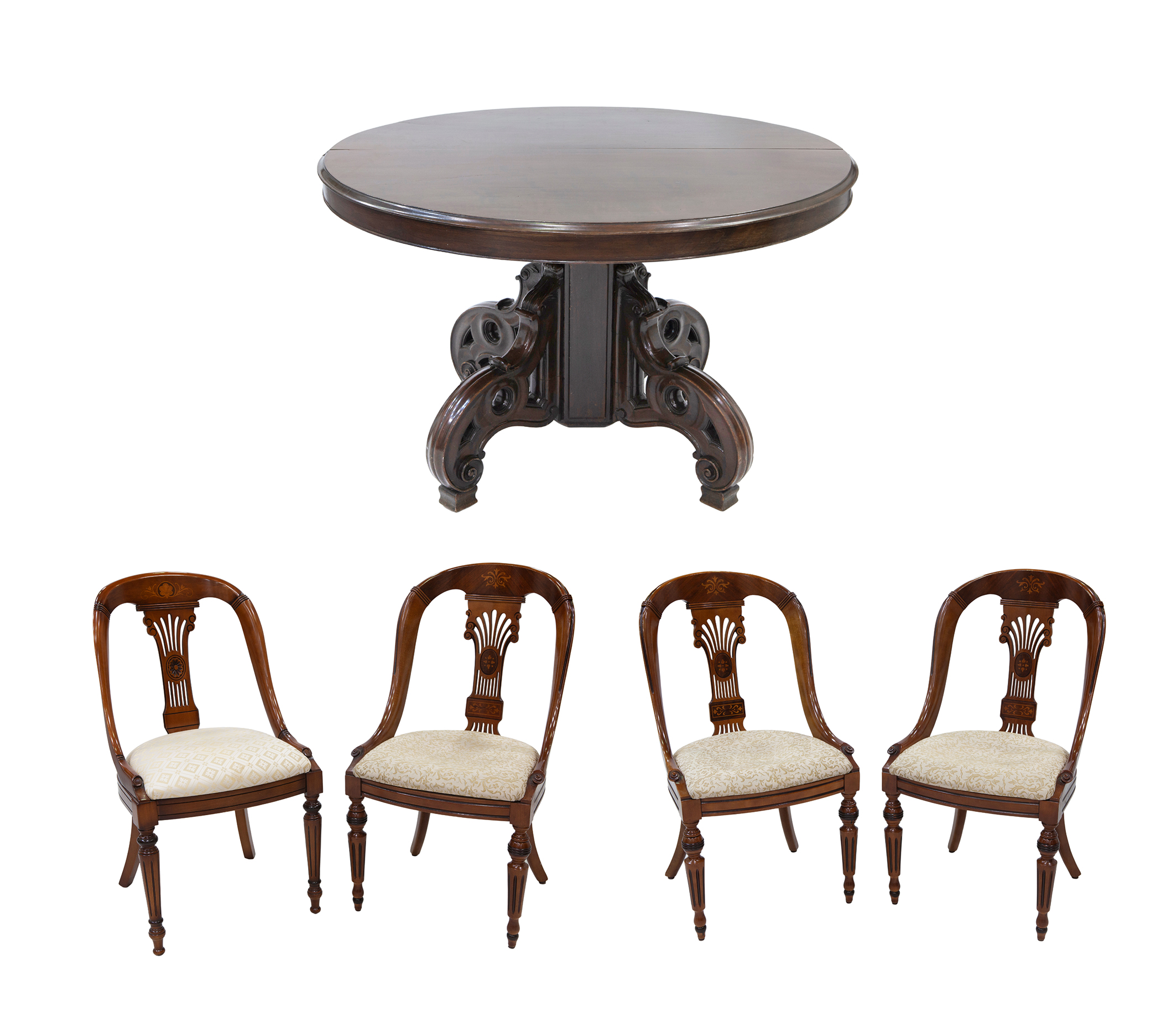 CONJUNTO DE MESA DE COMEDOR Y CUATRO SILLAS EN MADERA DE NO