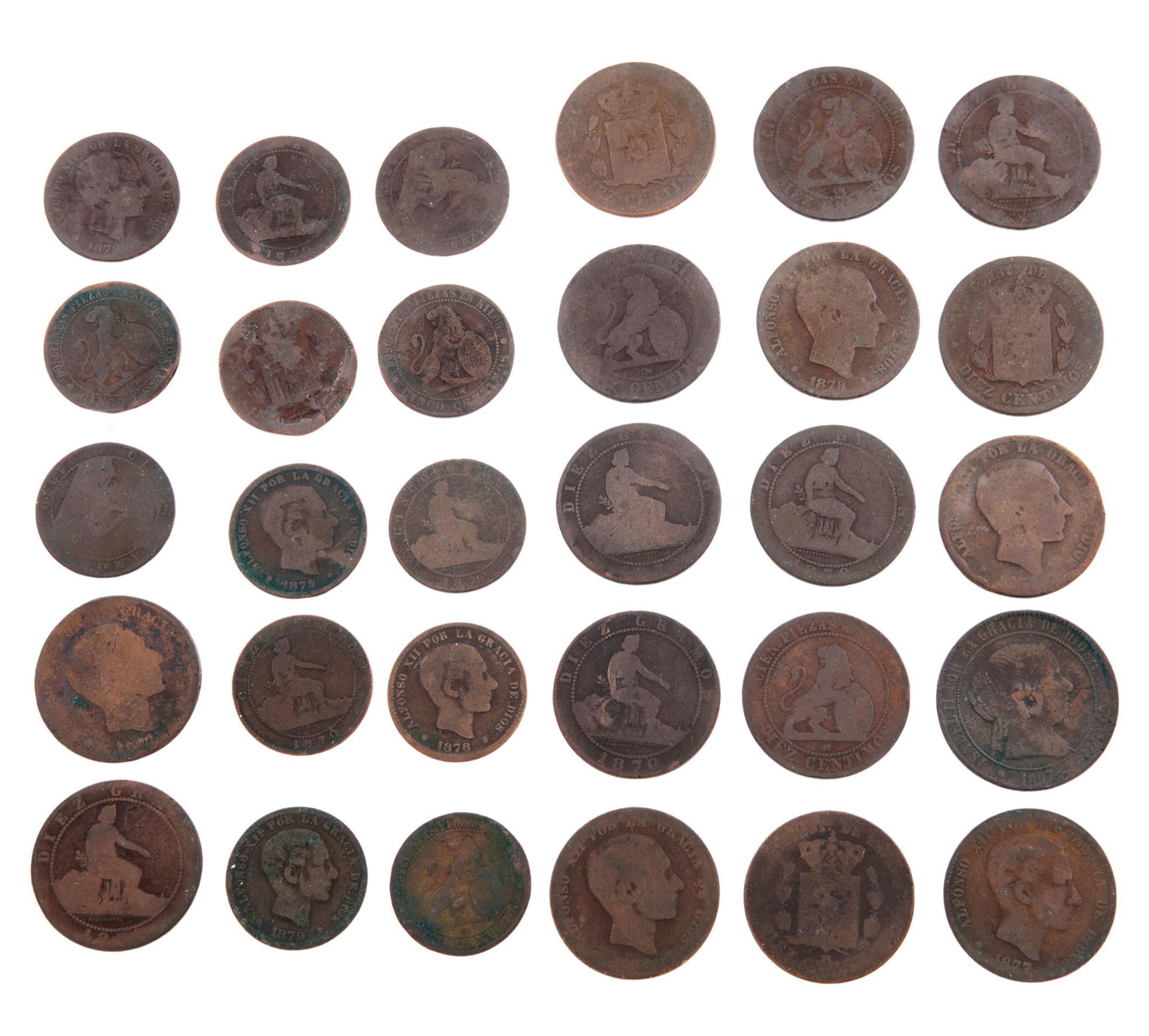 LOTE DE 30 MONEDAS ESPAÑOLAS DE 1867, 1870, 1877 Y 1878