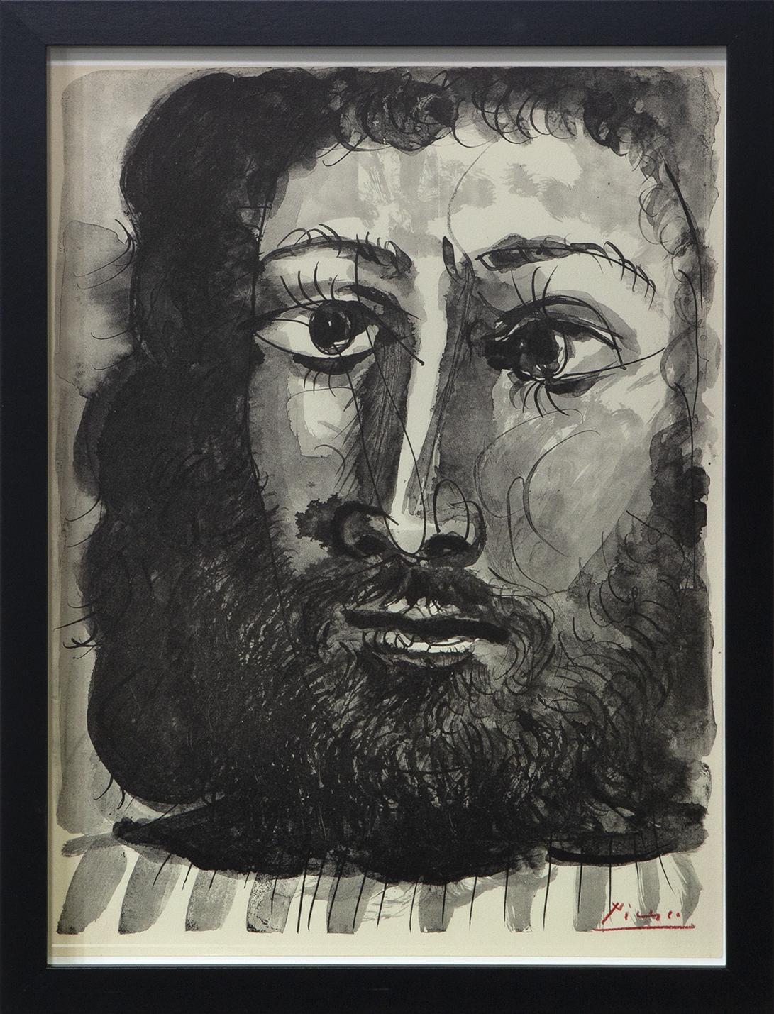 "VISAGE D'HOMME BARBU A ÊPAISSE, CHEVELURE, TRAIT ET LAVIS"