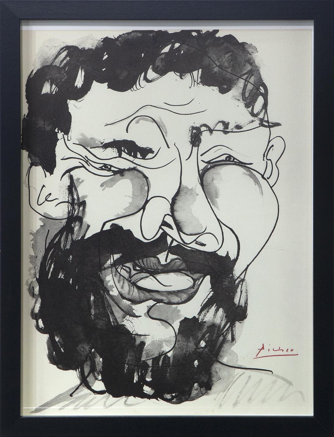 "VISAGE D&#39;HOMME RIANT, A LA BARBE ET CHEVEUX NOIRS, TRAIT E