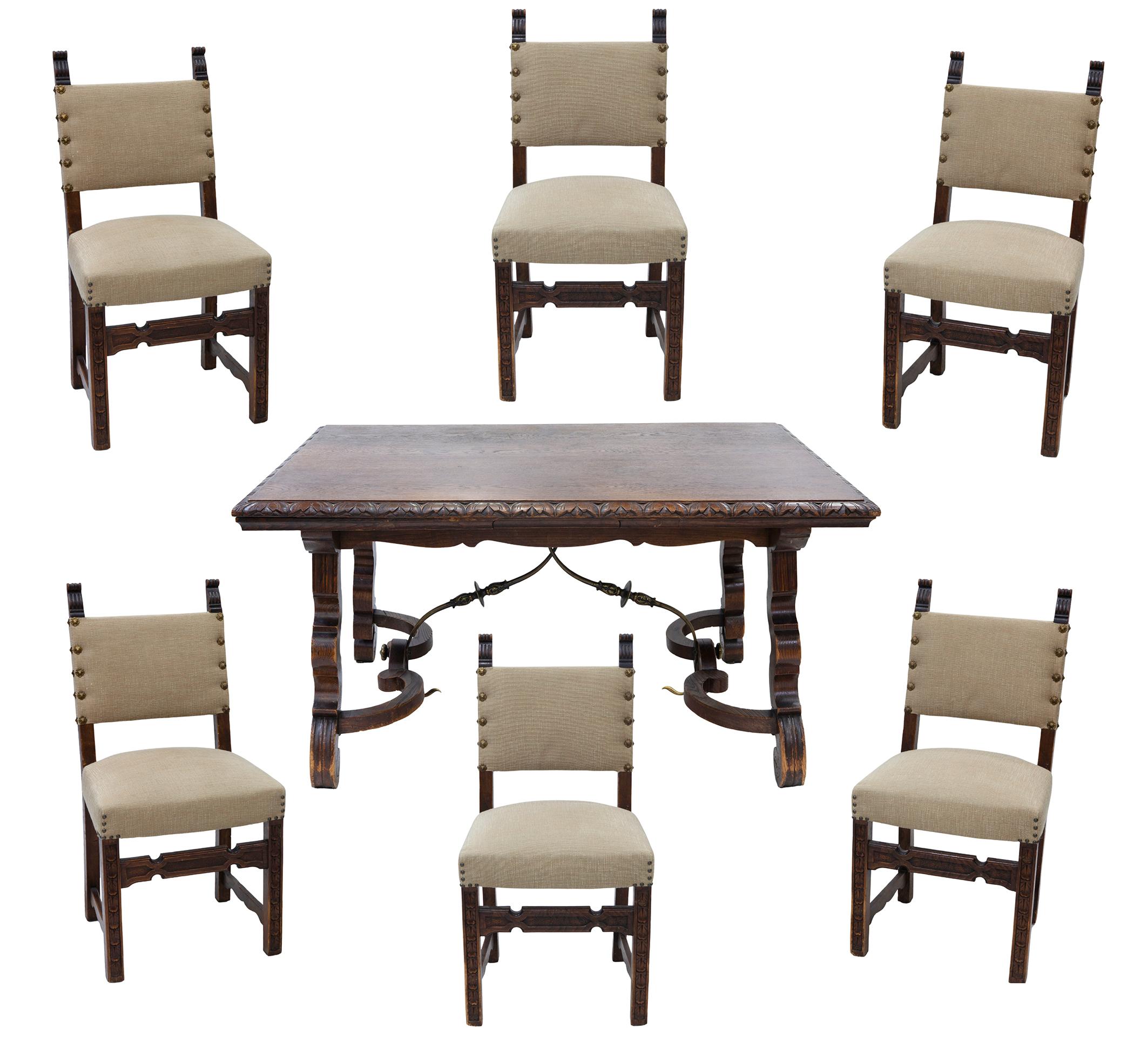 CONJUNTO DE MESA Y 6 SILLAS DE COMEDOR, ESTILO CASTELLANO
