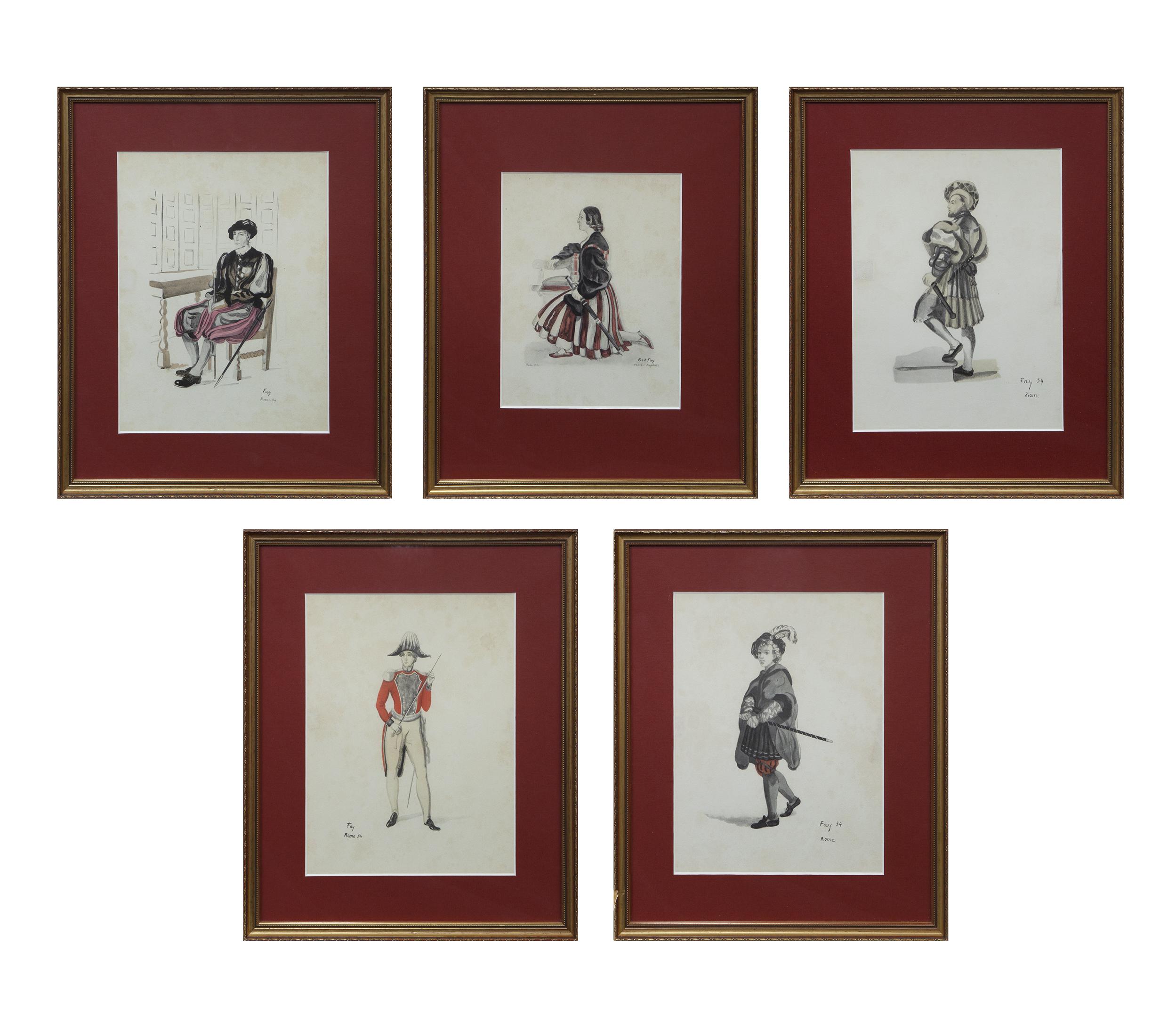 CONJUNTO DE 5 ACUARELAS DE PERSONAJES DECIMONÓNICOS