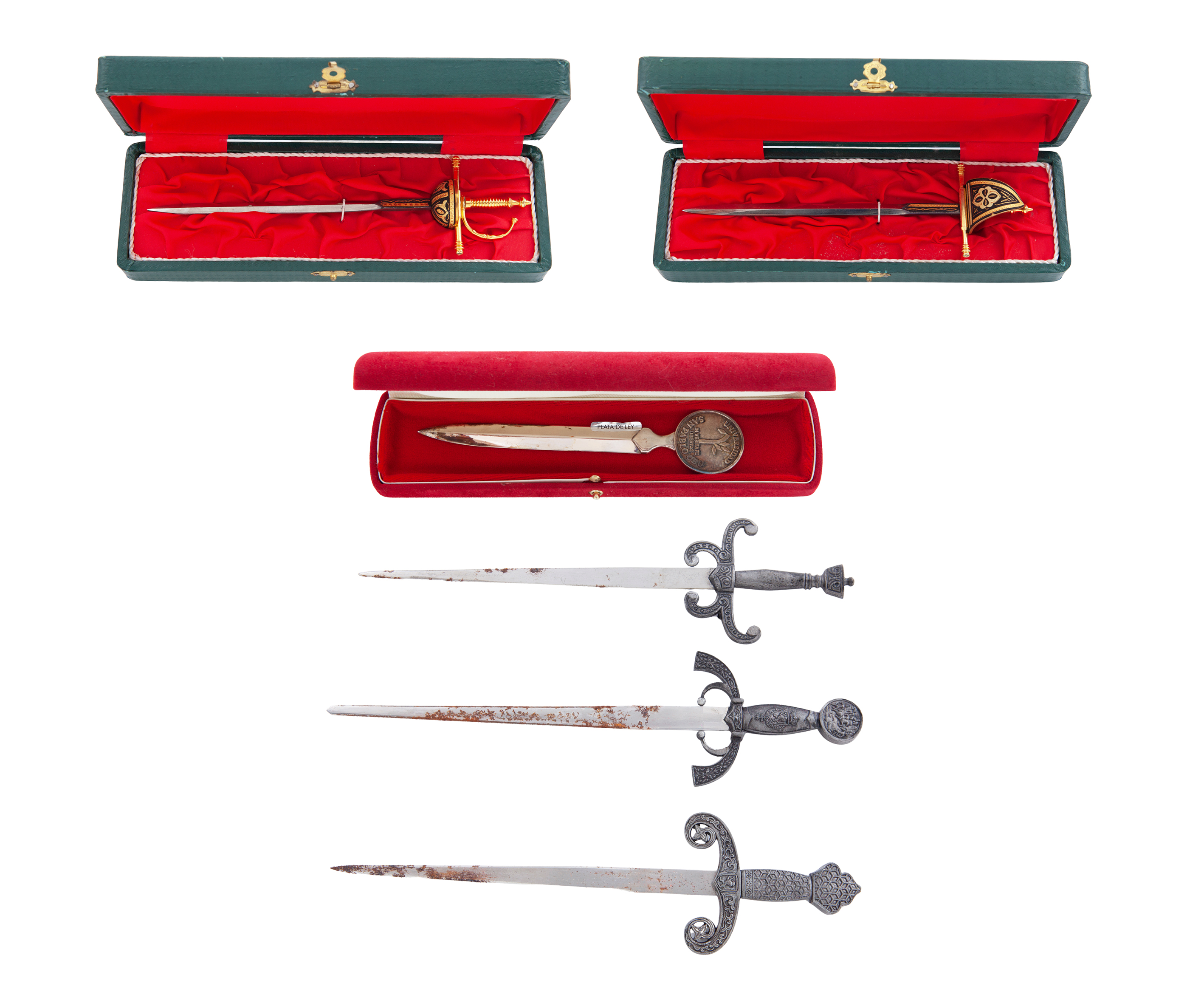 LOTE DE 6 ESPADINES EN METAL PLATEADO Y DETALLES EN COLOR 