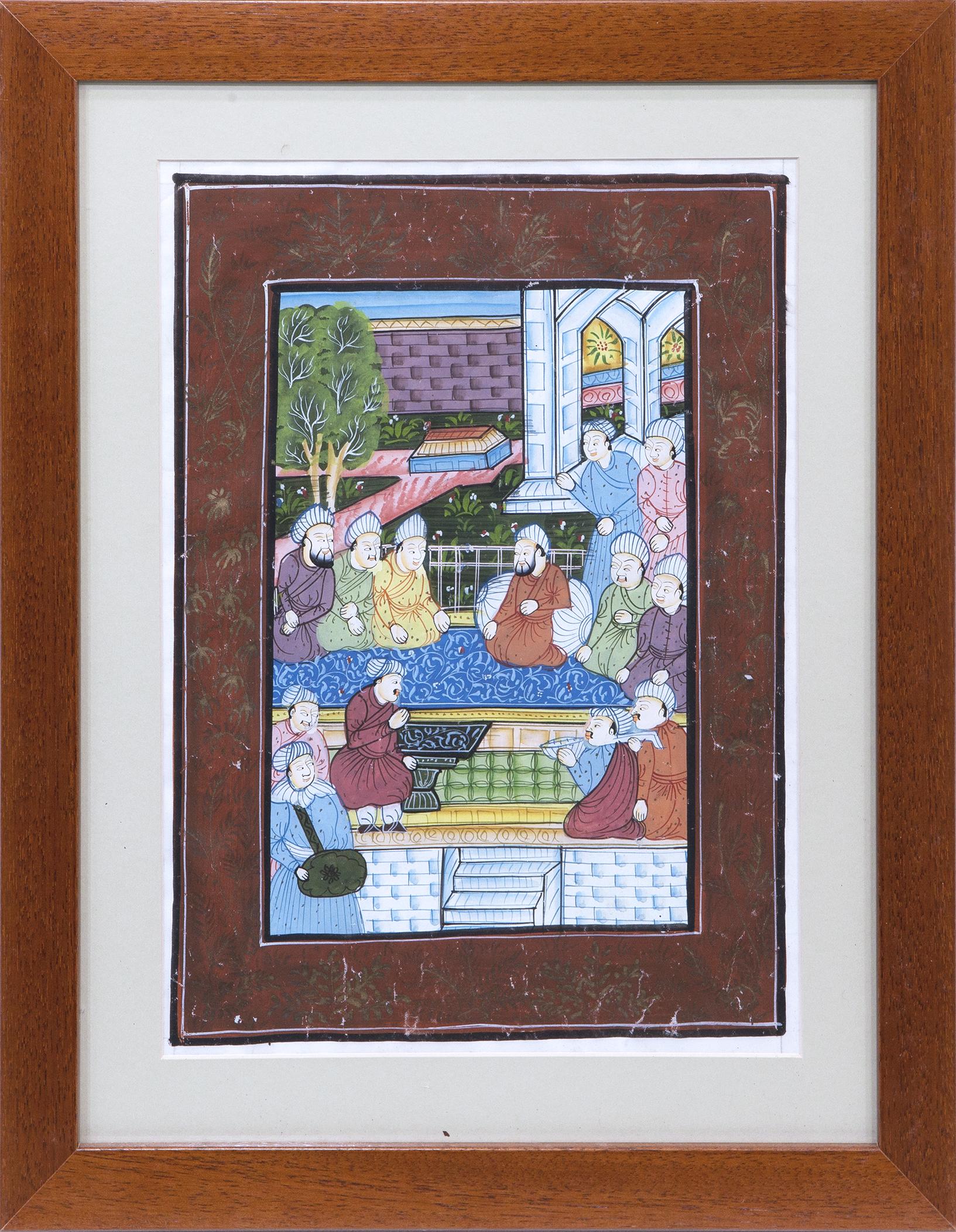 ESCENA DE GALA, MINIATURA HINDÚ SOBRE TELA